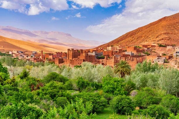 A kasbah above a palm oasis on the road to the Sahara