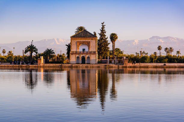 The Menara pavilion in Marrakech with snow on the High Atlas behind it